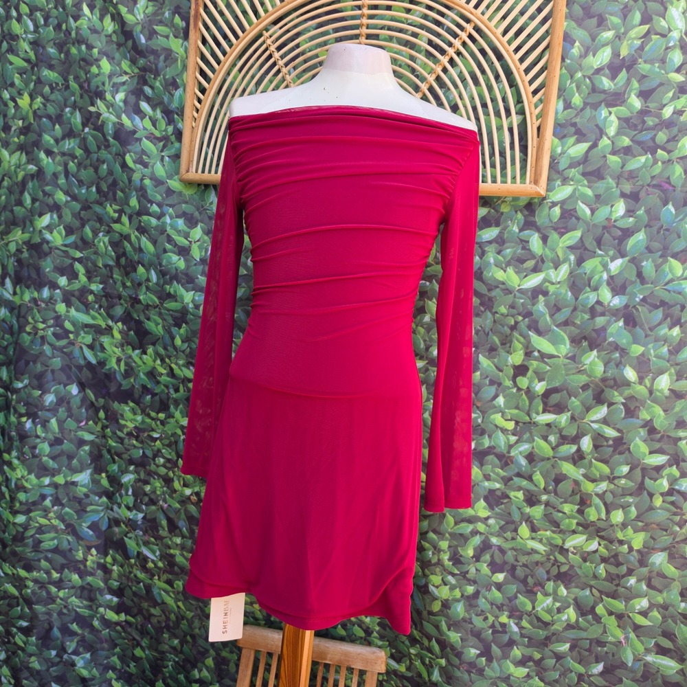 Shein BAE Red Off The Shoulder Ruched Mesh Mini Dress Long Sleeve Size L NWT